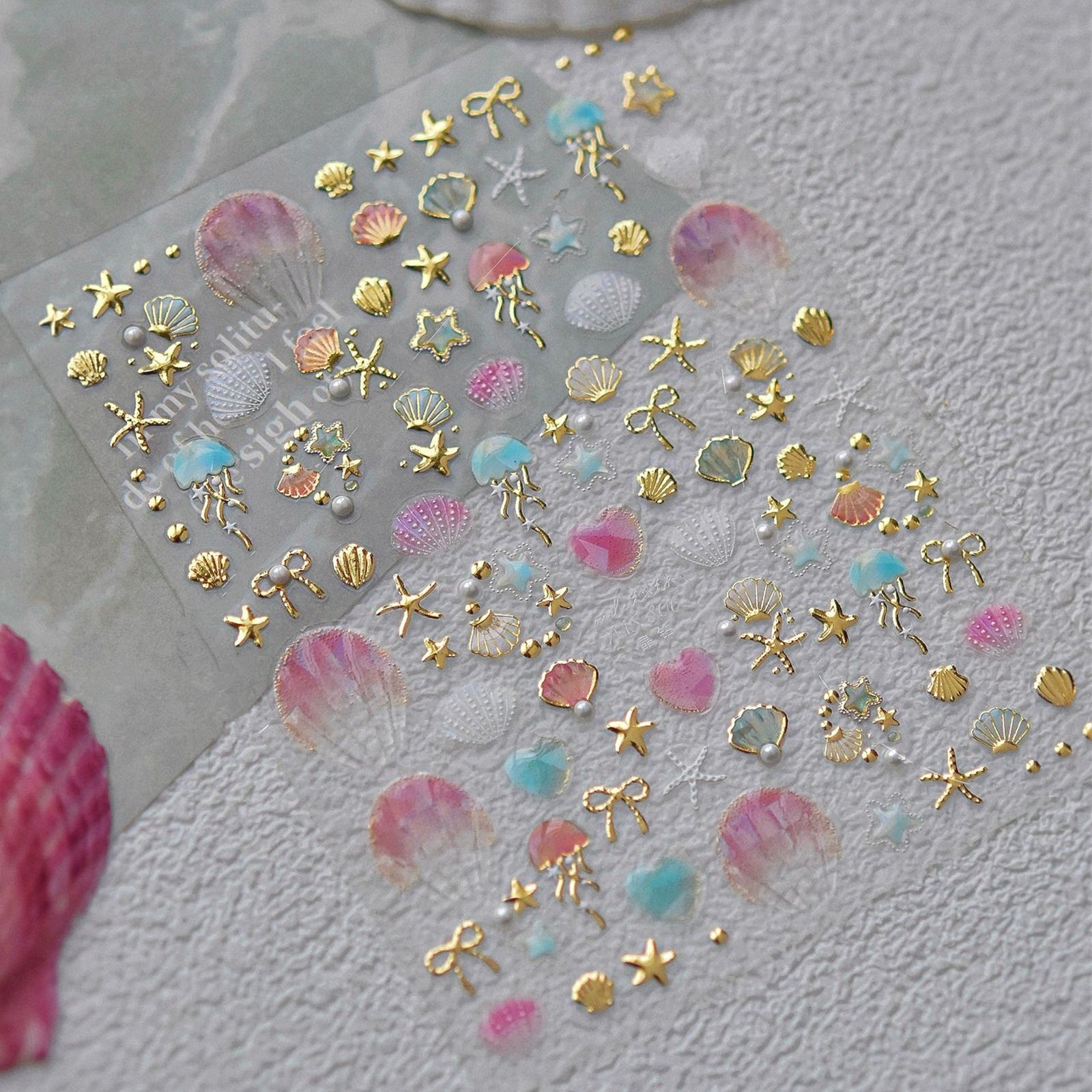 5D Ocean Nail Stickers – Gold & Silver Seashell, Starfish & Jellyfish Nail Art Decals