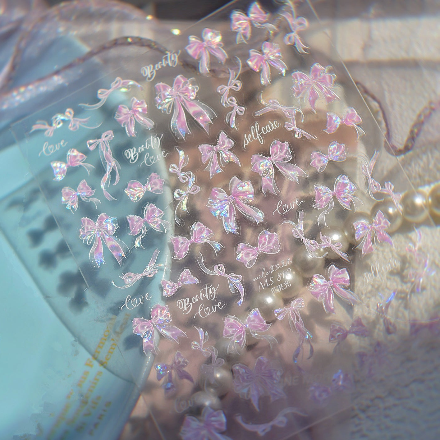 5D Coquette Bow Nail Stickers - Aurora Pink White Ribbon Decals 810