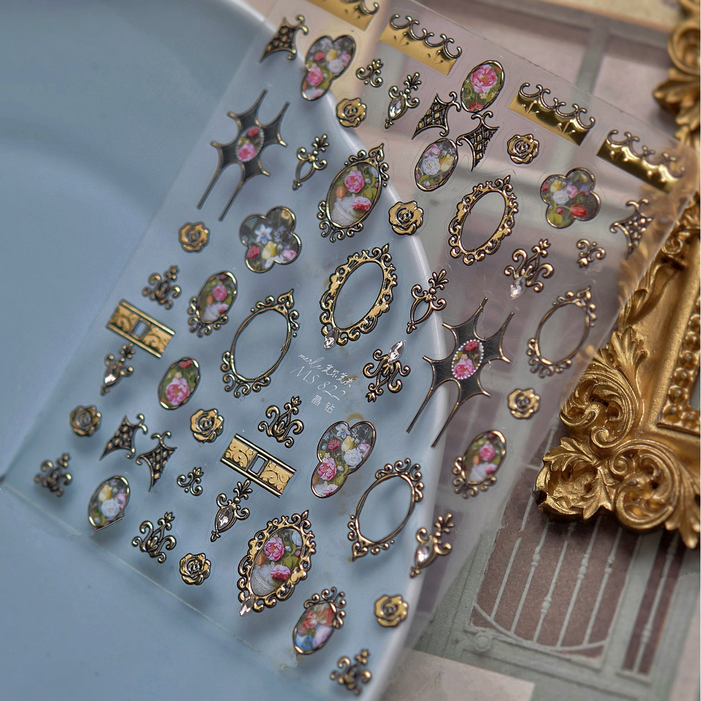 3D Vintage Baroque Nail Stickers Metallic Rose & Frame Decals