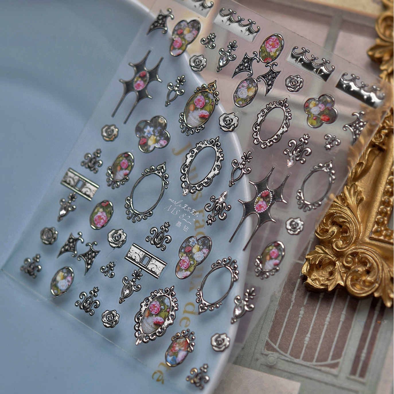 3D Vintage Baroque Nail Stickers Metallic Rose & Frame Decals