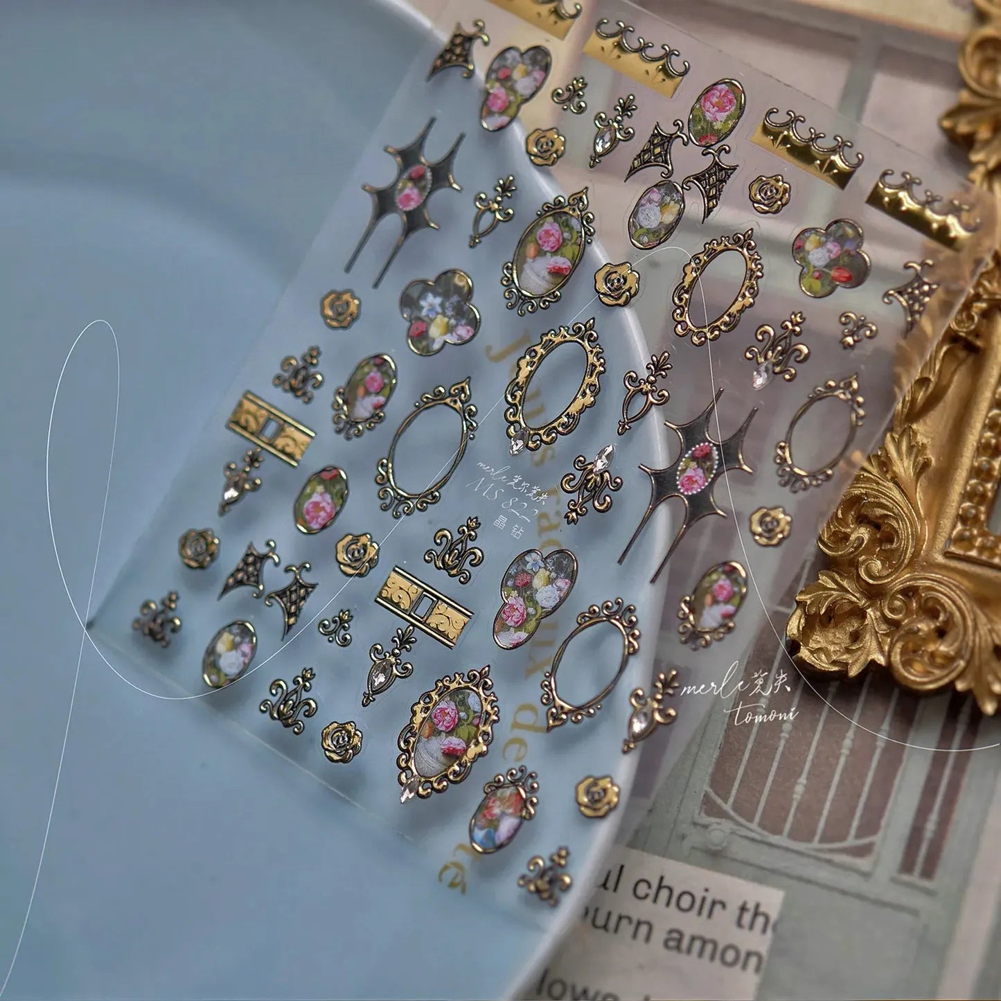 3D Vintage Baroque Nail Stickers Metallic Rose & Frame Decals MS822