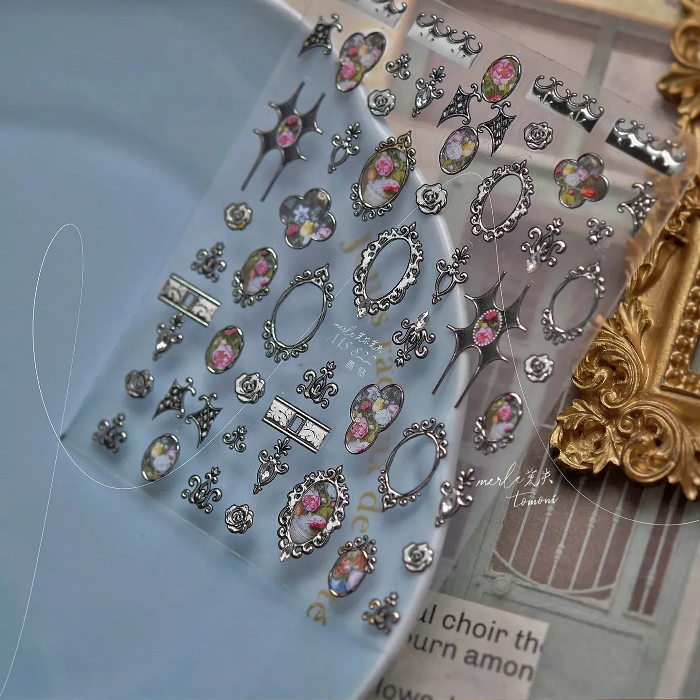 3D Vintage Baroque Nail Stickers Metallic Rose & Frame Decals MS822