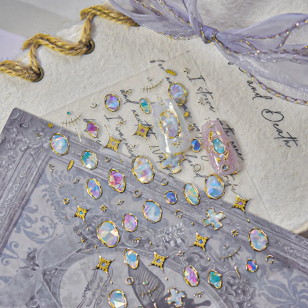 5D Aurora Gem Nail Stickers | Y2K Iridescent Crystal Chrome Nail Art Decals 832 gold
