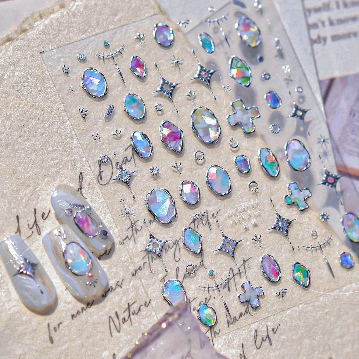 5D Aurora Gem Nail Stickers | Y2K Iridescent Crystal Chrome Nail Art Decals 832 Silver 