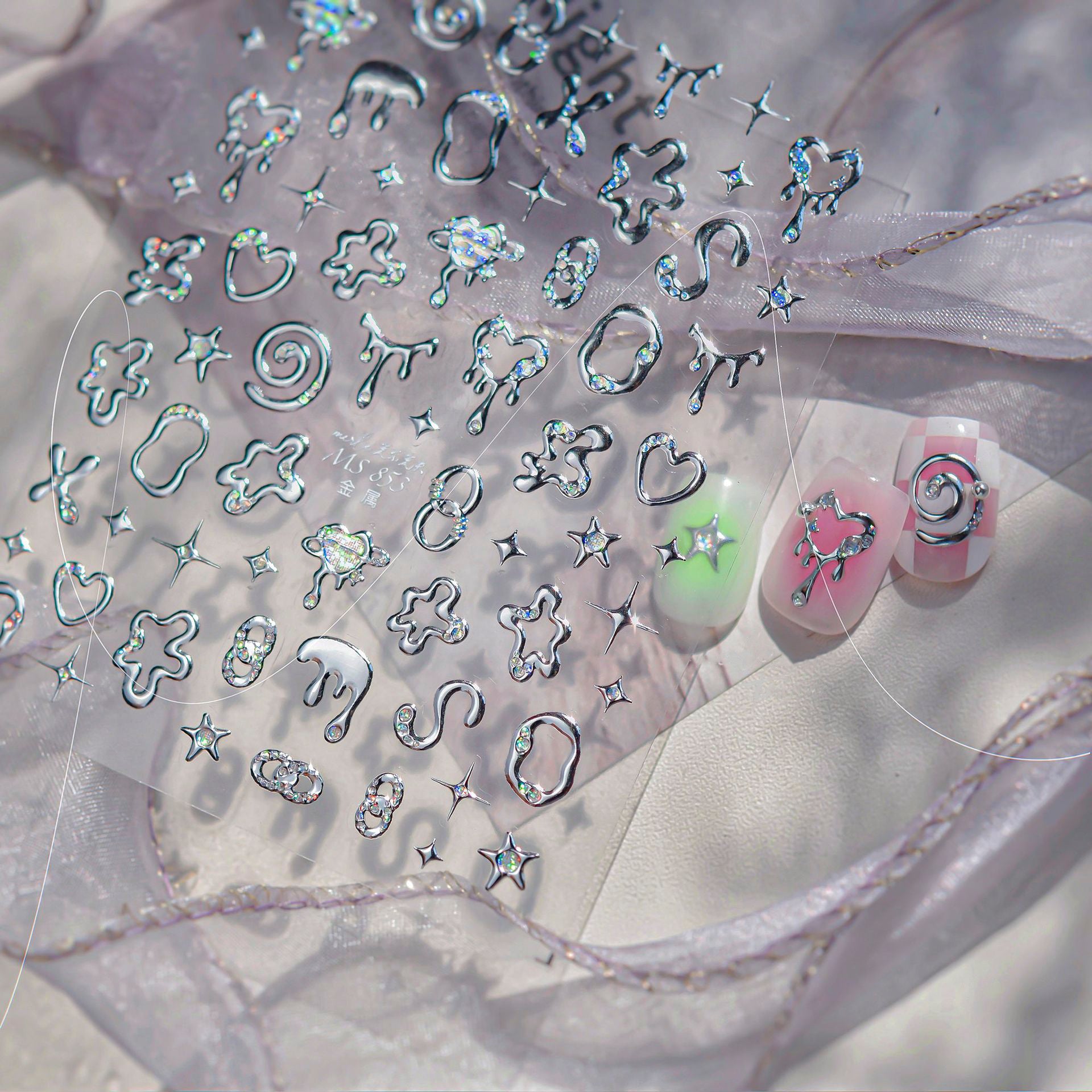 5D Chrome Heart Star Nail Stickers | Y2K Cyber Liquid Metal Decals