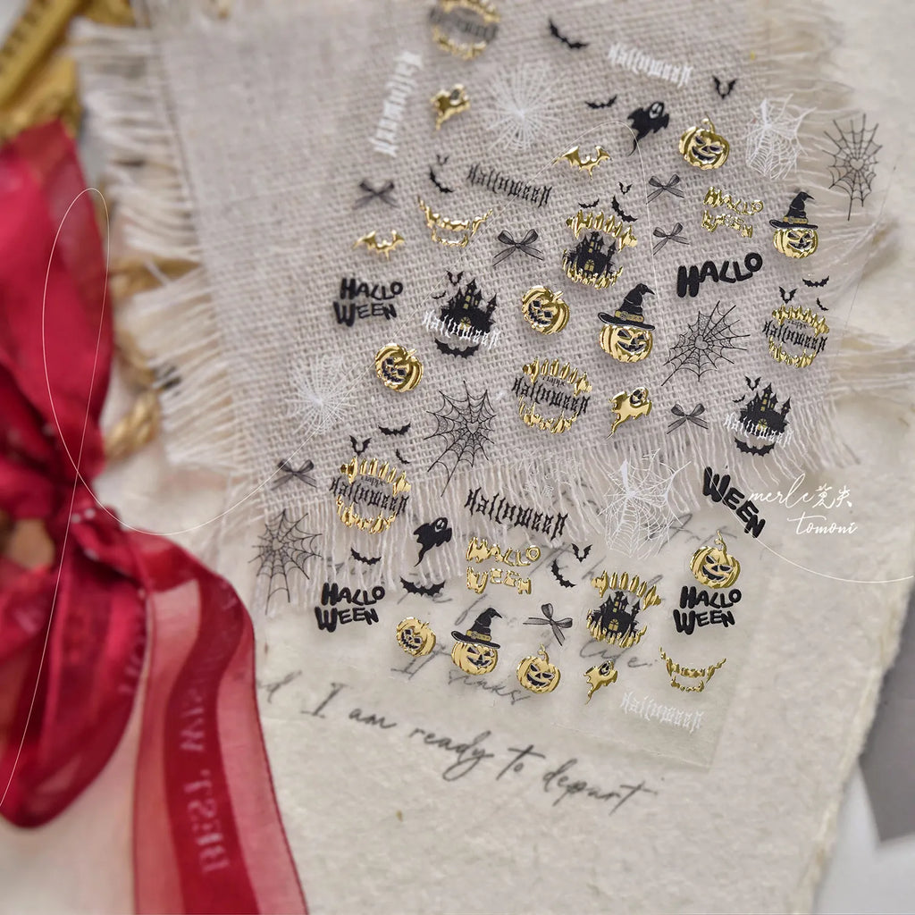 5D Gold Halloween Nail Stickers | Spooky Pumpkin Decals MS872