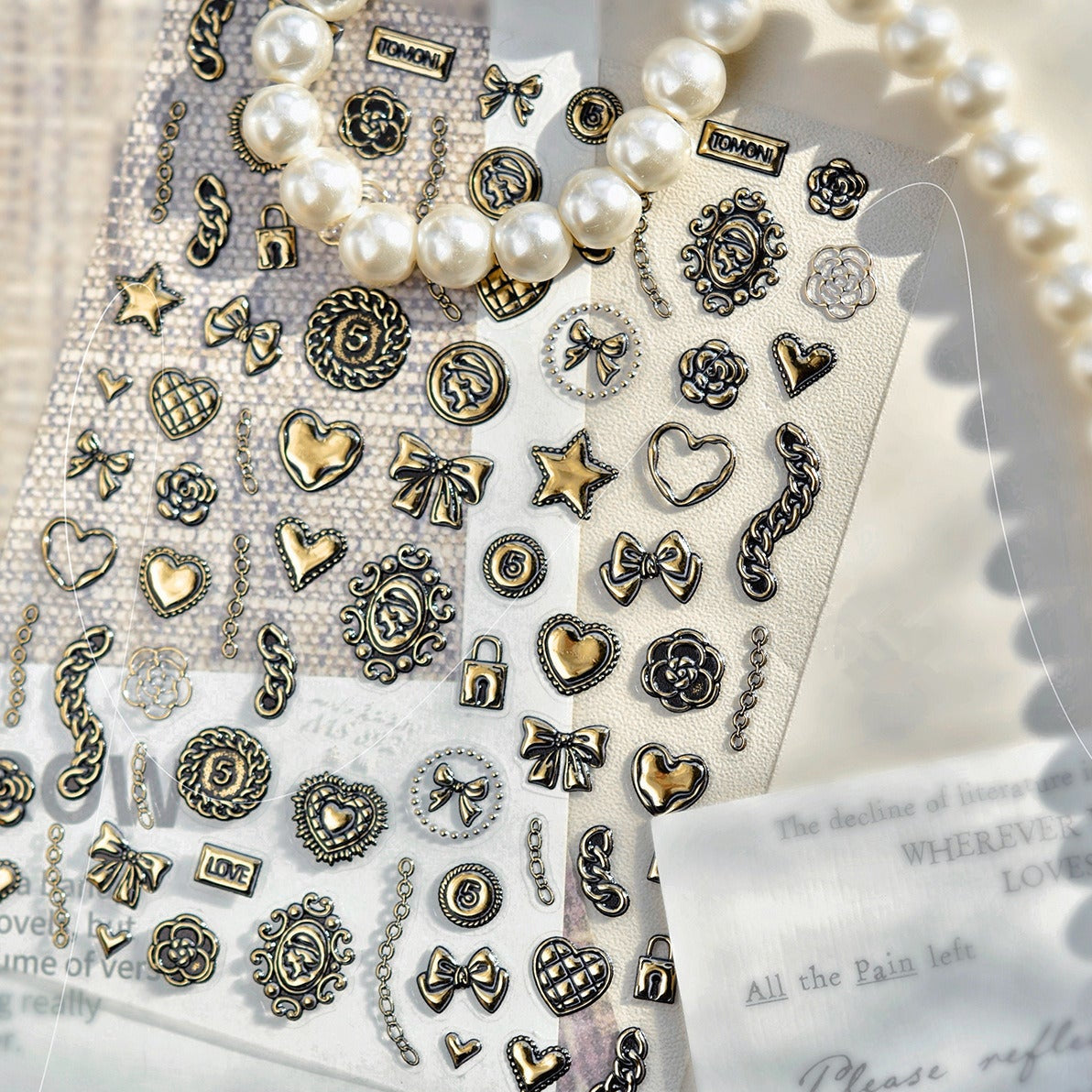 3D Retro Gold Silver Butterfly Heart Lock Key Nail Stickers MS893