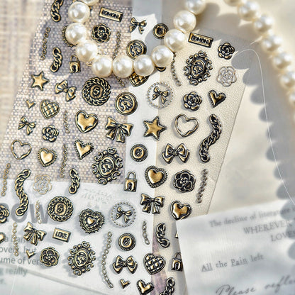 3D Retro Gold Silver Butterfly Heart Lock Key Nail Stickers MS893