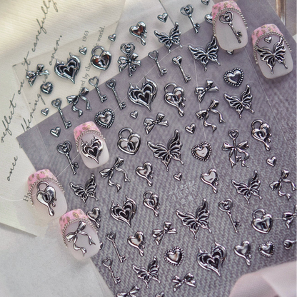 3D Retro Gold Silver Butterfly Heart Lock Key Nail Stickers MS893
