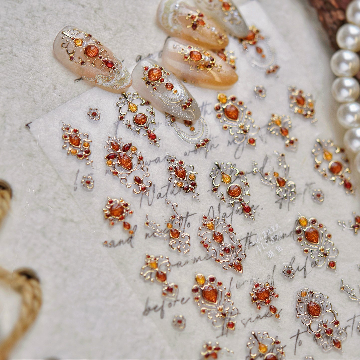 Vintage Gold Gemstone Nail Stickers for DIY Manicure MS898