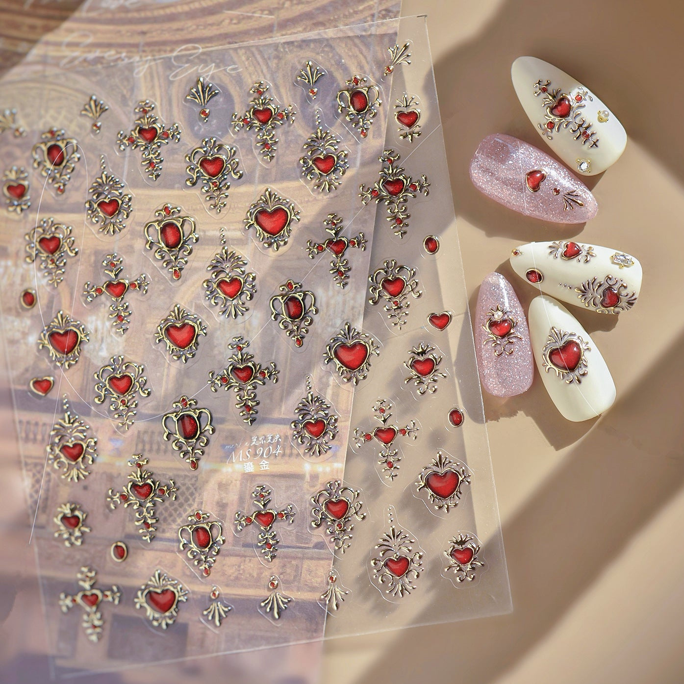 5D Baroque Red Heart & Cross Stickers MS904