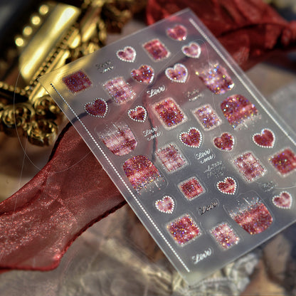 5D Tweed & Pearl Heart Nail Stickers - Pink Red French Tip Decals MS909