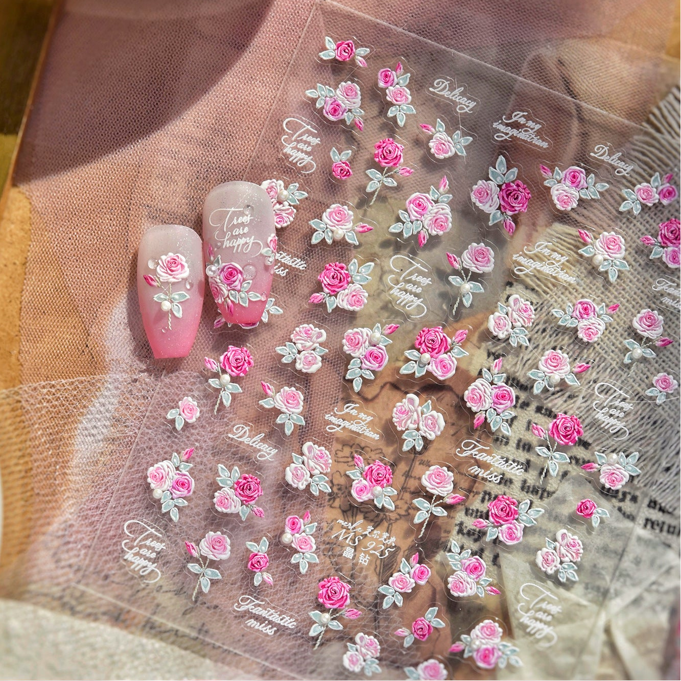 5D Pink Rose Nail Stickers - Coquette Floral Decals 925