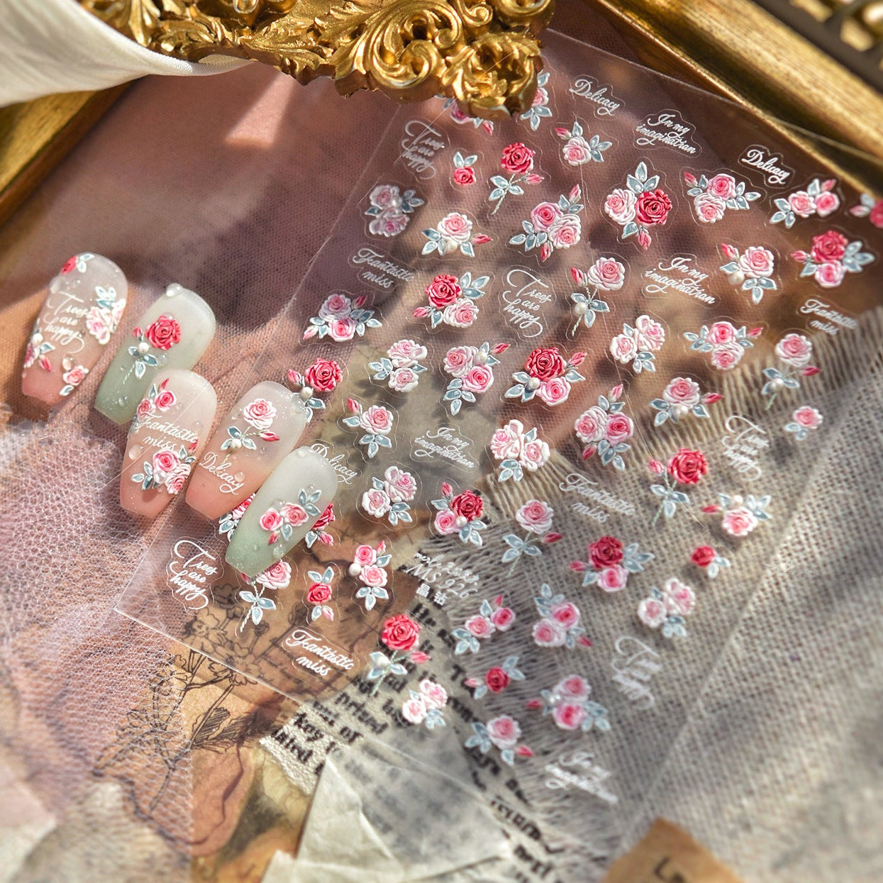 5D Pink Rose Nail Stickers - Coquette Floral Decals 926