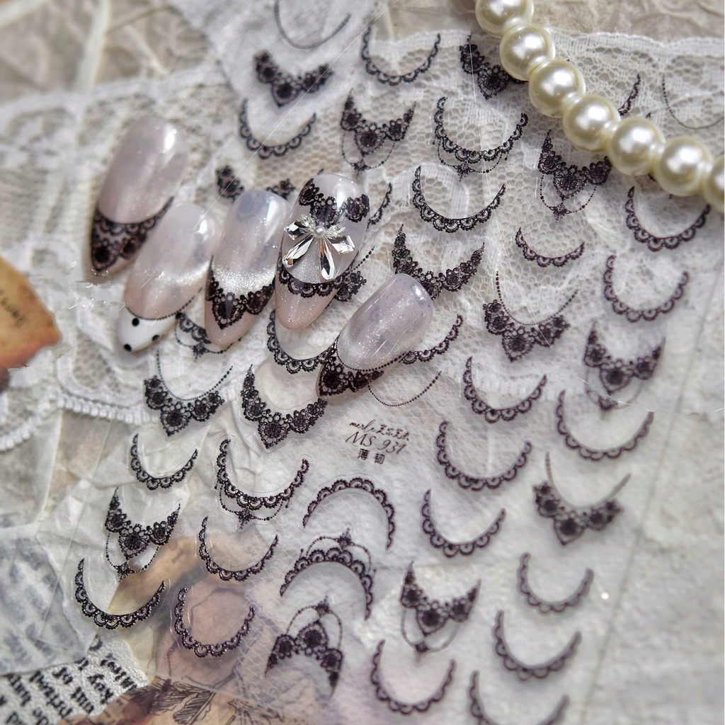 5D Black White Lace French Tip Nail Stickers - Elegant Wedding Art 931