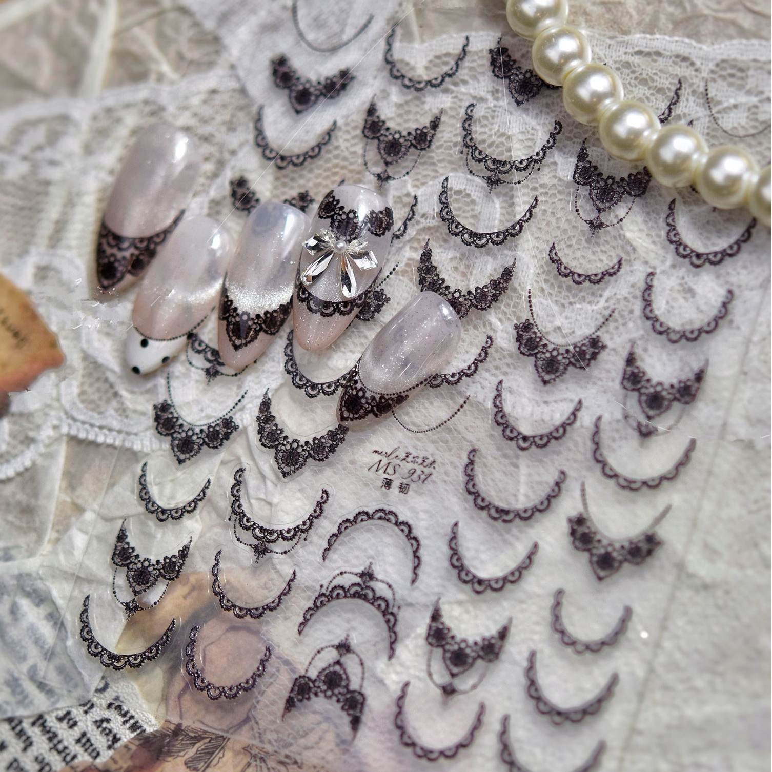 5D Black White Lace French Tip Nail Stickers - Elegant Wedding Art 931