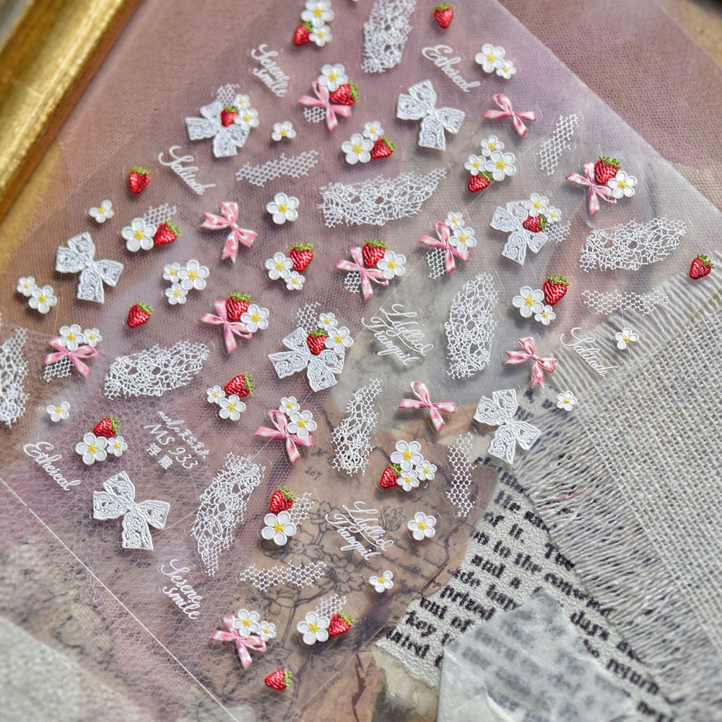 5D Strawberry & Lace Bow Nail Stickers 933