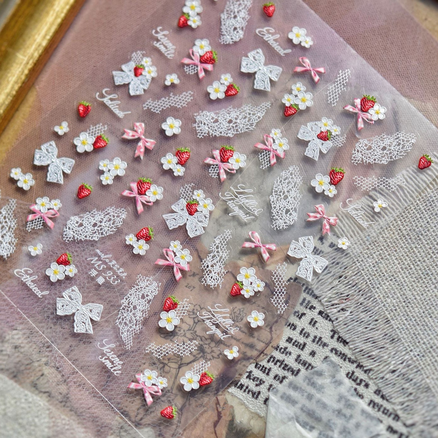 5D Strawberry & Lace Bow Nail Stickers 933