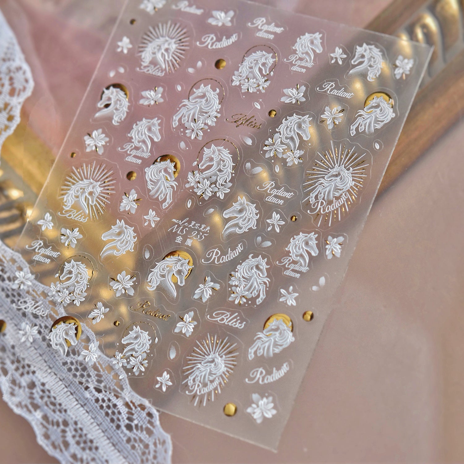 3D White Cherry Blossom & Gold Nail Stickers