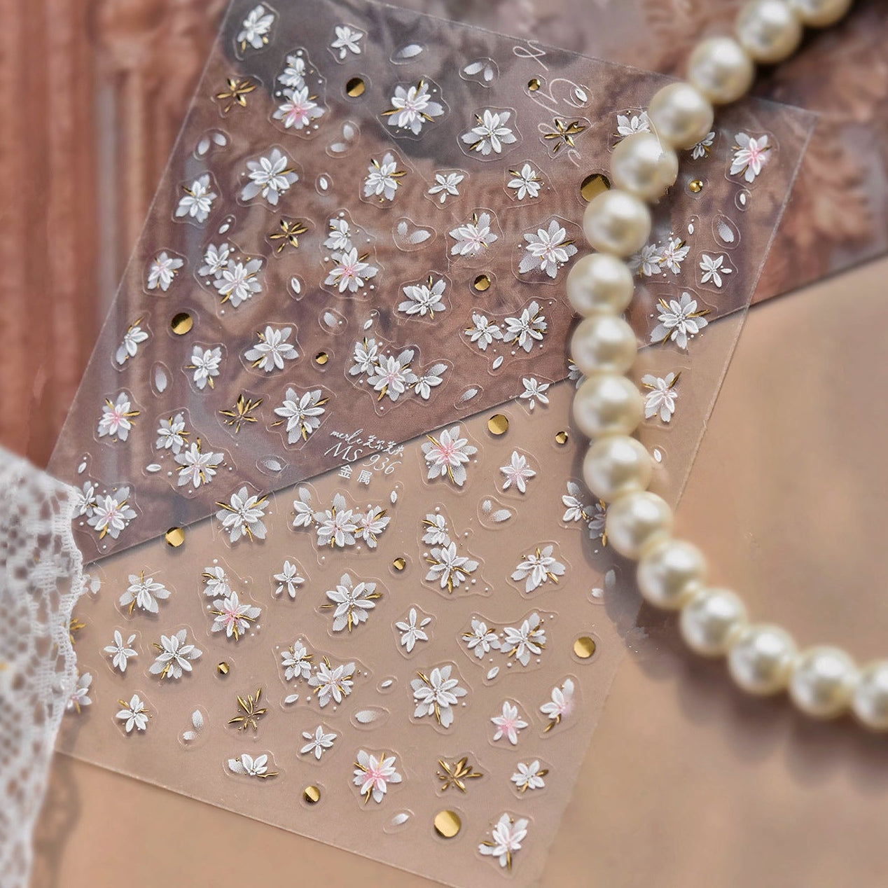 3D White Cherry Blossom & Gold Nail Stickers