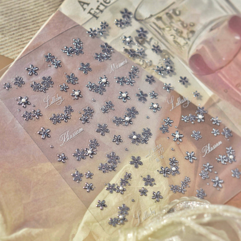 3D Metallic Floral Nail Stickers - Elegant Chrome & Pearl Flower Decals