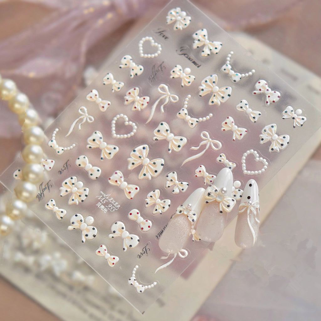 3D Pearl Bow Nail Art Stickers - Coquette Ribbon & Heart Decals
