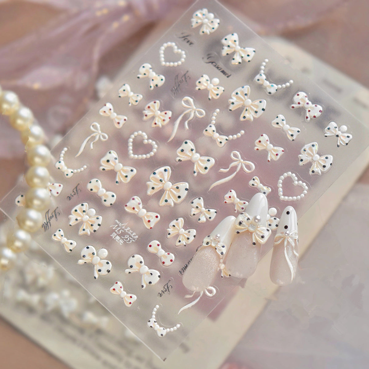 3D Pearl Bow Nail Art Stickers - Coquette Ribbon & Heart Decals