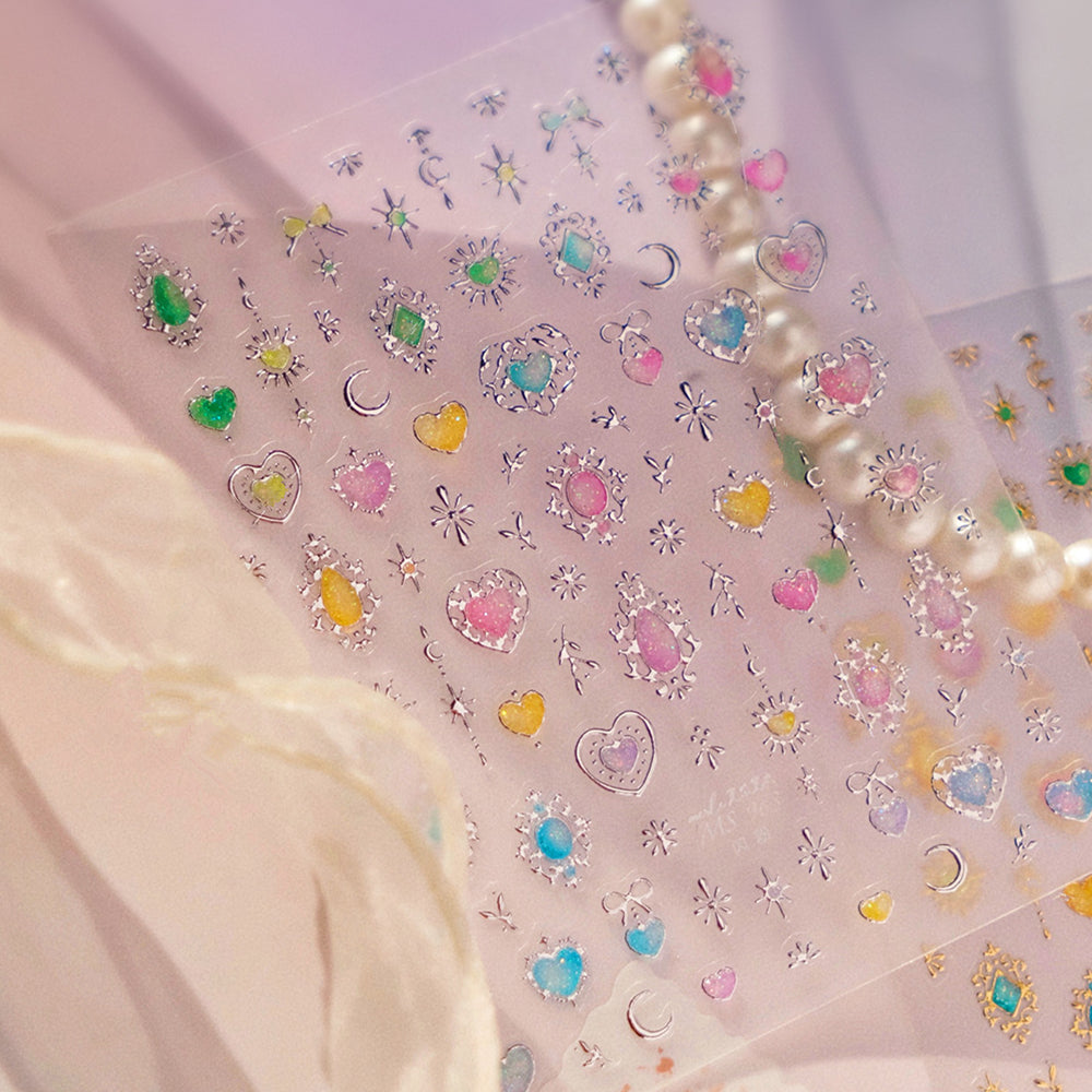 3D Celestial Star & Heart Nail Stickers | Gold Silver Gemstone Decals