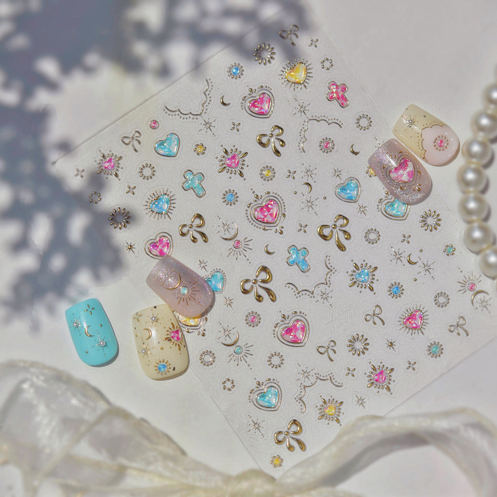 Gold Vintage Bow & Heart Jelly Nail Stickers - Baroque Jewelry Decals