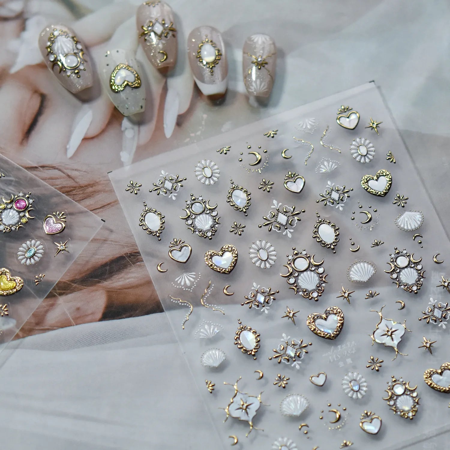 Vintage Celestial Opal Mirror Nail Stickers | Pearl Heart Locket Decals