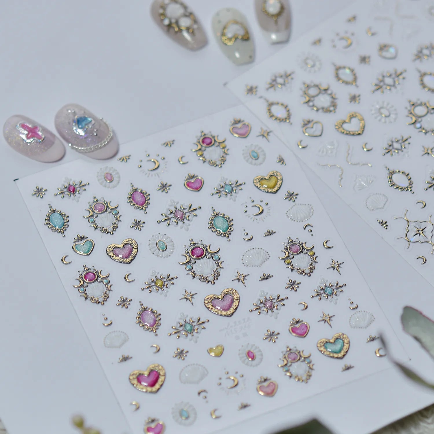 Vintage Celestial Opal Mirror Nail Stickers | Pearl Heart Locket Decals