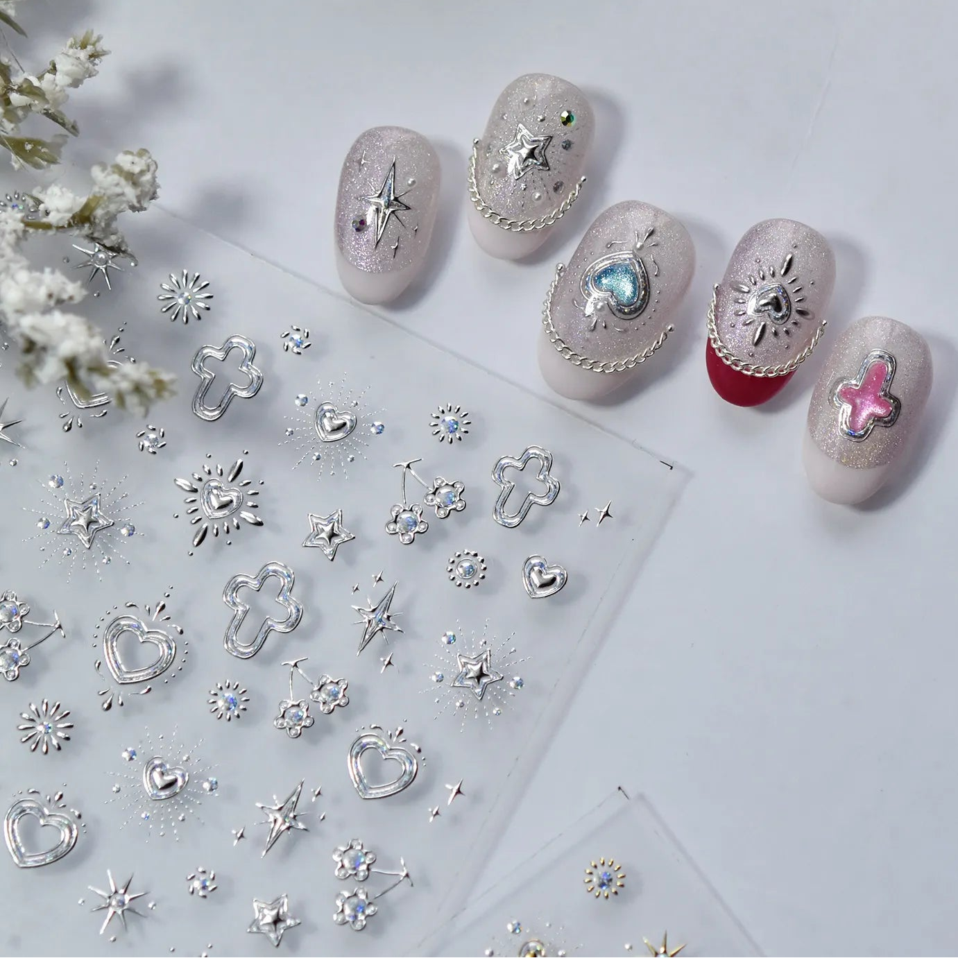 Vintage Celestial Opal Mirror Nail Stickers | Pearl Heart Locket Decals