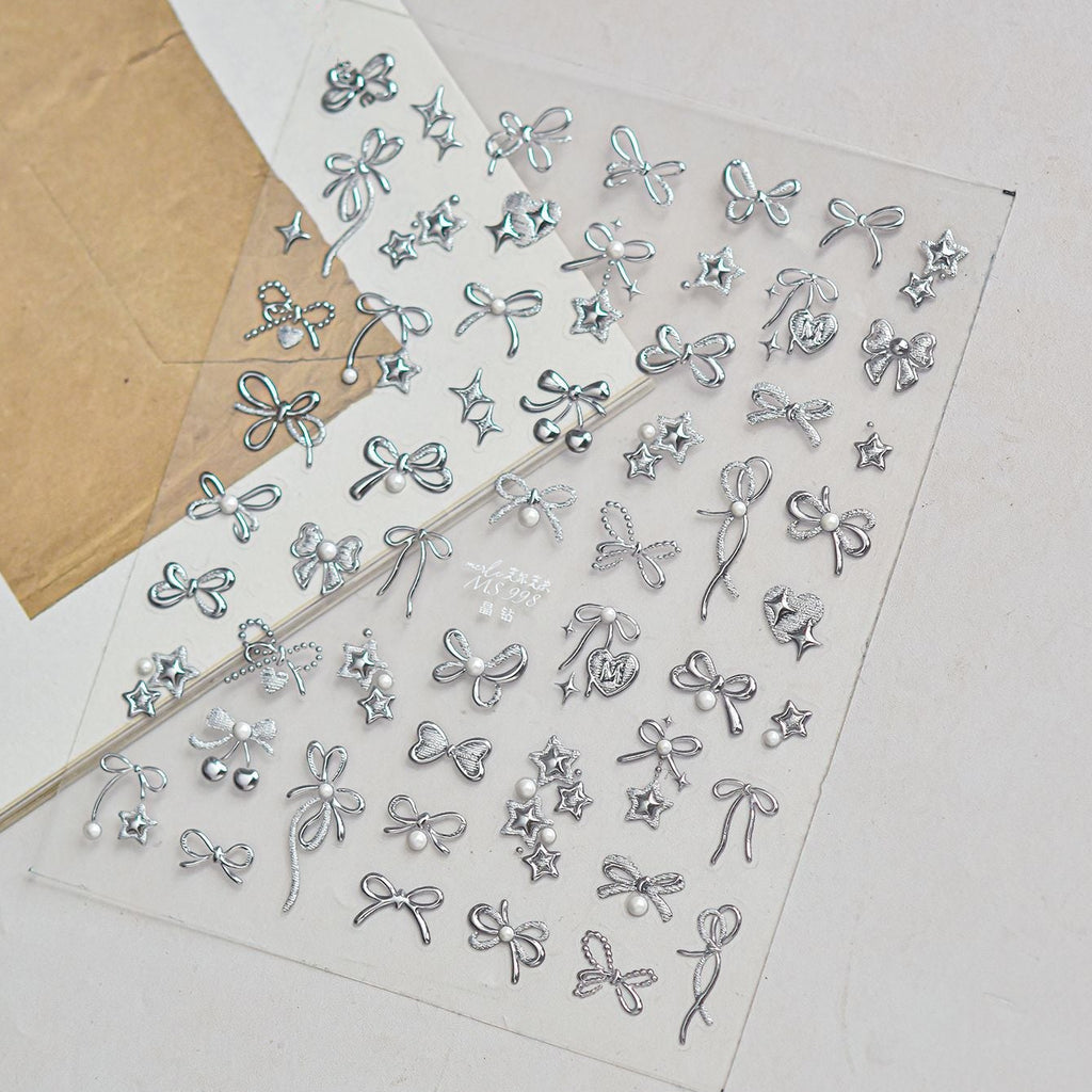 3D Silver Metallic Coquette Bow Nail Stickers - Chrome Star & Cherry Decals