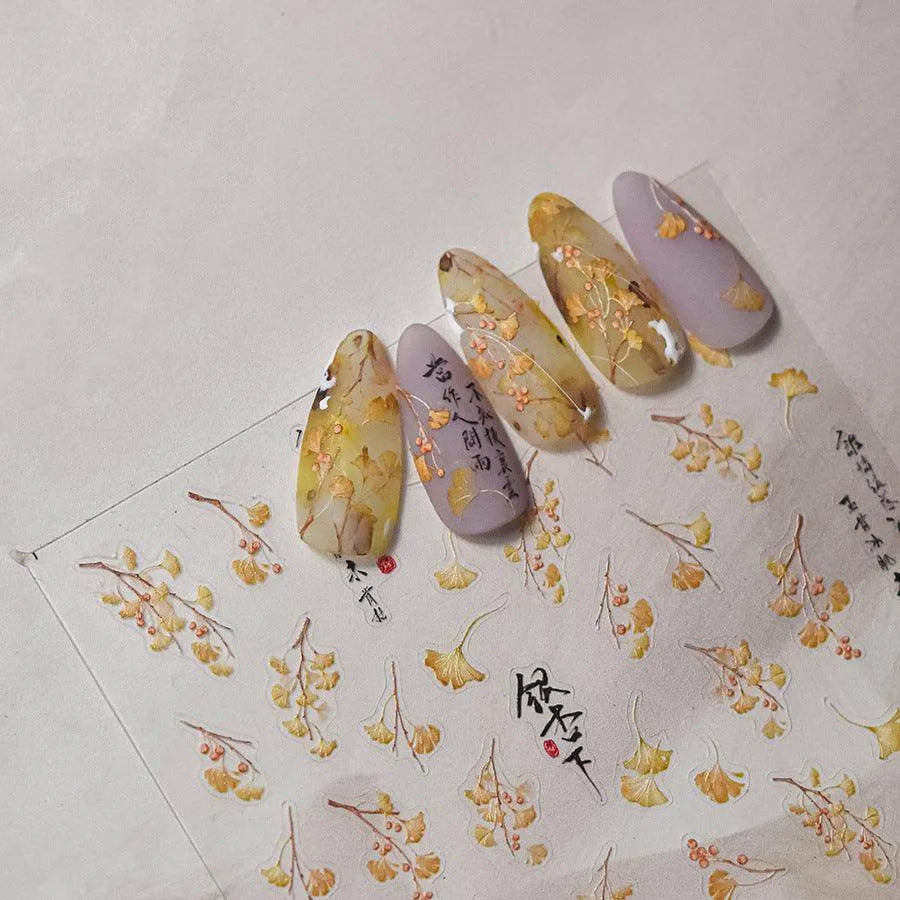 Maple Leaf Nail Art Stickers Ginkgo Leaf Adhesive Embossed Sticker Decals 