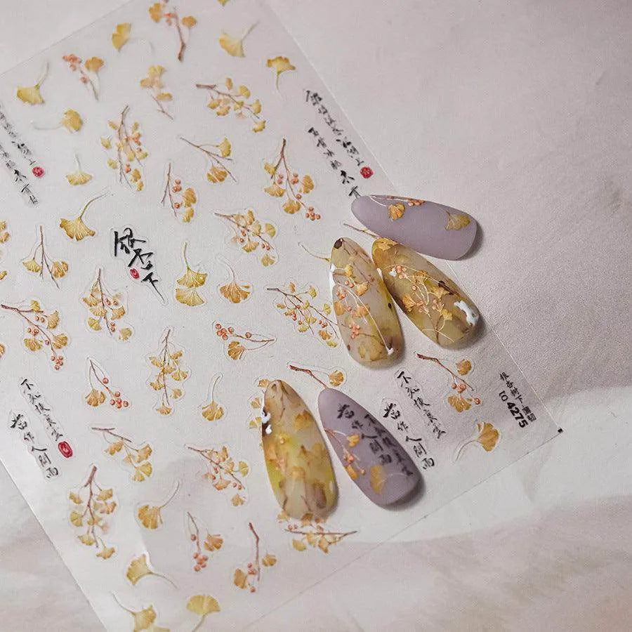 Maple Leaf Nail Art Stickers Ginkgo Leaf Adhesive Embossed Sticker Decals 