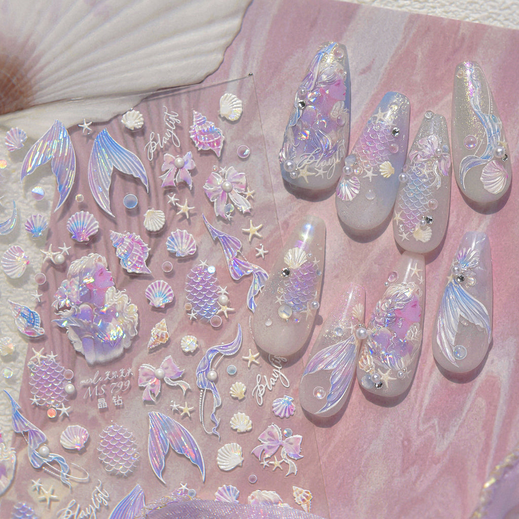 Mermaid & Beach Vibes Nail Art Stickers – Summer 5D Embossed Decals