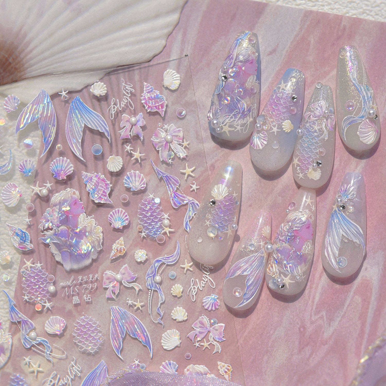 Mermaid & Beach Vibes Nail Art Stickers – Summer 5D Embossed Decals