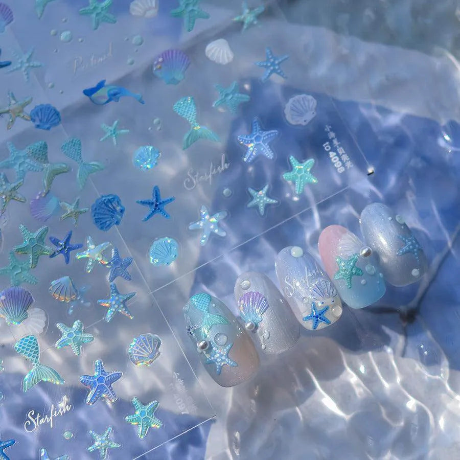Mermaid Nail Art Stickers Adhesive 5D Embossed Starfish Sticker Decals to4097