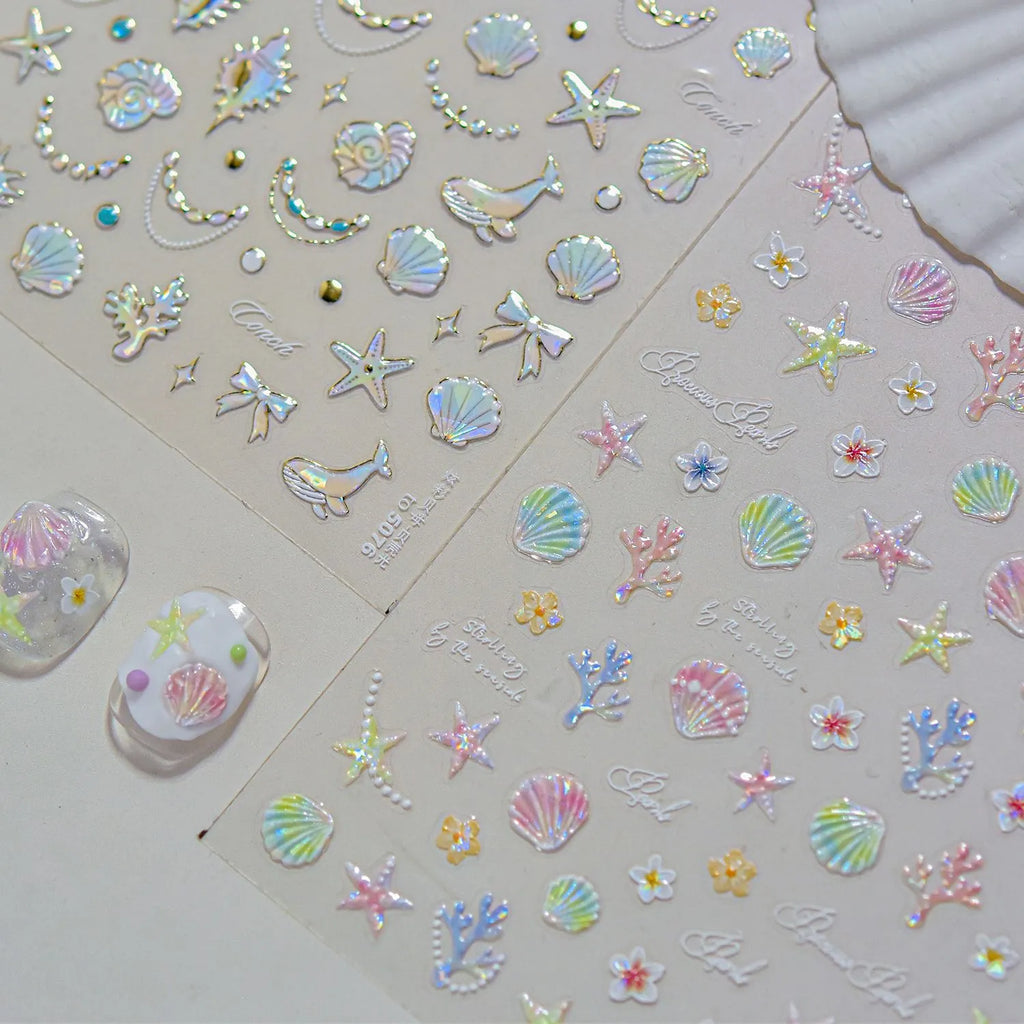 Mermaid Nail Stickers – 5D Ocean Design with Shells, Starfish & Coral