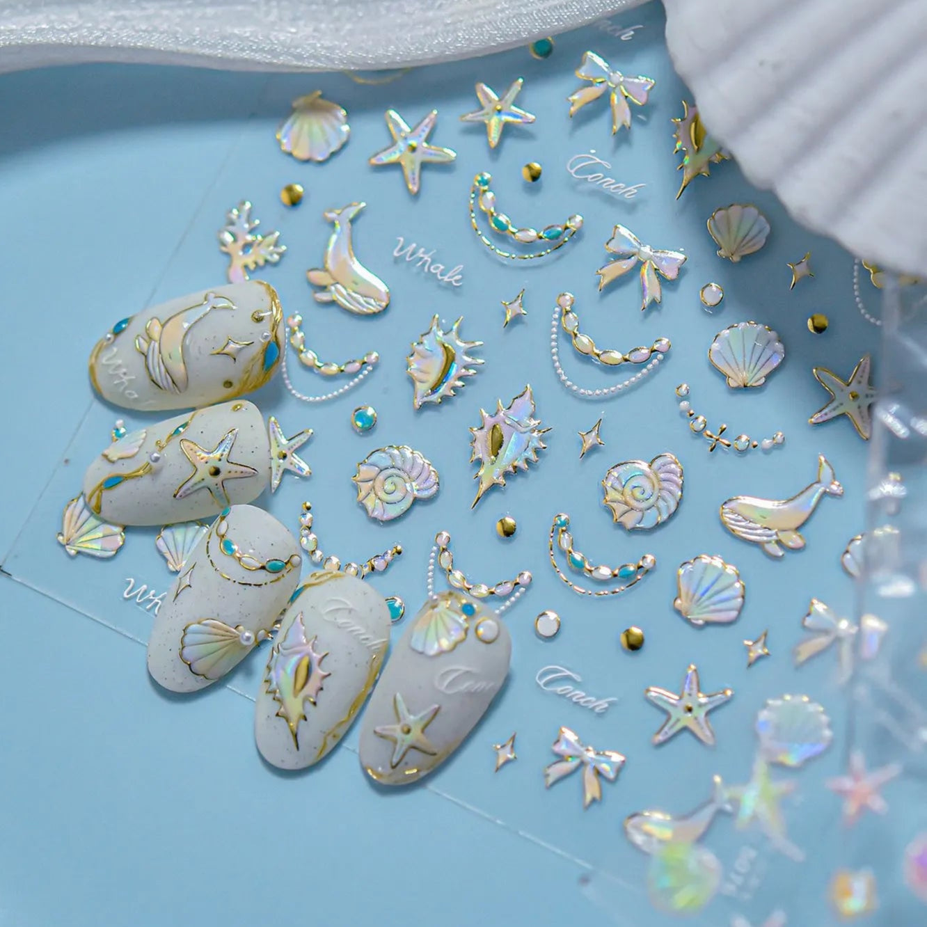 Mermaid Nail Stickers – 5D Ocean Design with Shells, Starfish & Coral