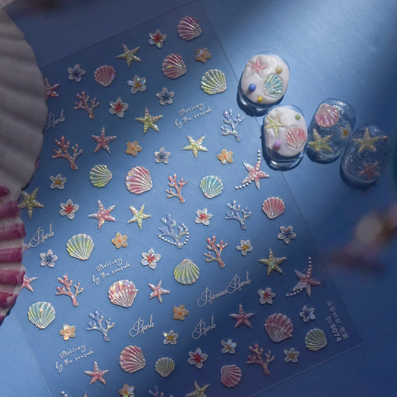 Mermaid Nail Stickers – 5D Ocean Design with Shells, Starfish & Coral