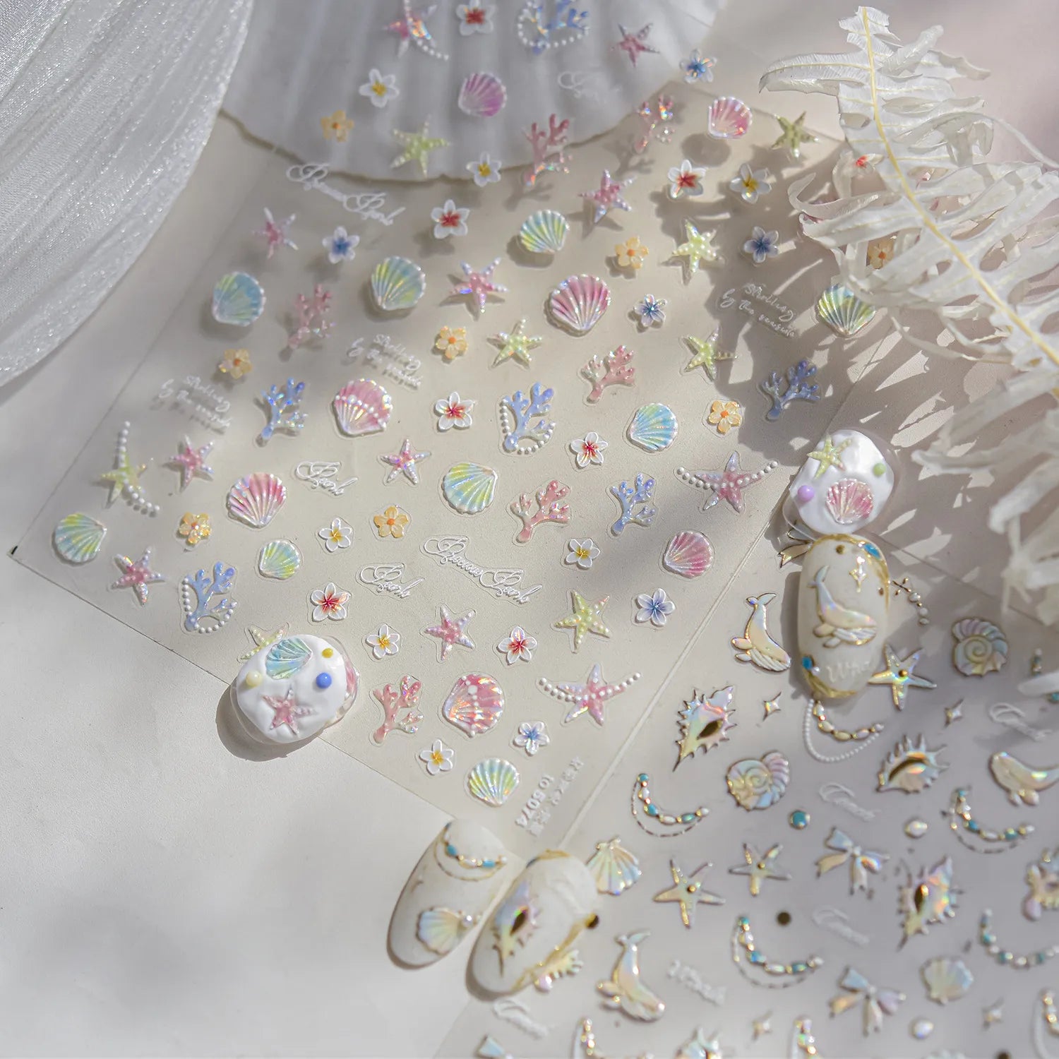 Mermaid Nail Stickers – 5D Ocean Design with Shells, Starfish & Coral