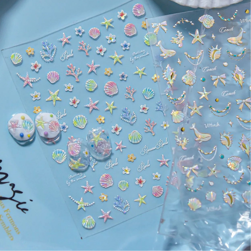Mermaid Nail Stickers – 5D Ocean Design with Shells, Starfish & Coral