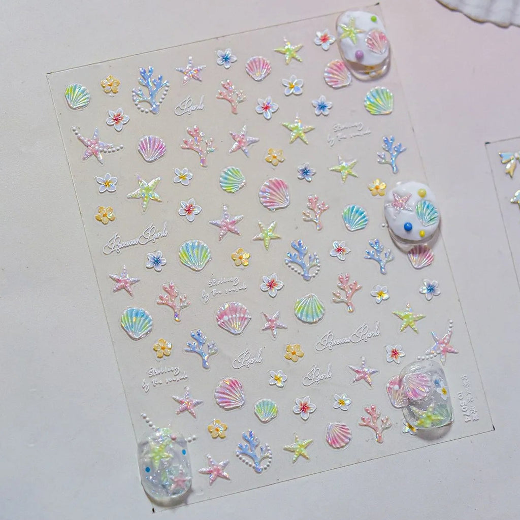 Mermaid Nail Stickers – 5D Ocean Design with Shells, Starfish & Coral