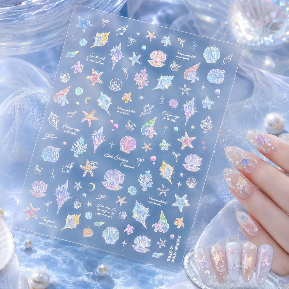 Mermaid Shell & Starfish Nail Stickers - Iridescent Ocean Decals