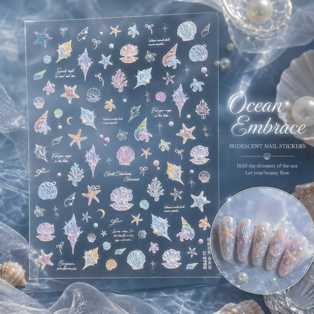 Mermaid Shell & Starfish Nail Stickers - Iridescent Ocean Decals