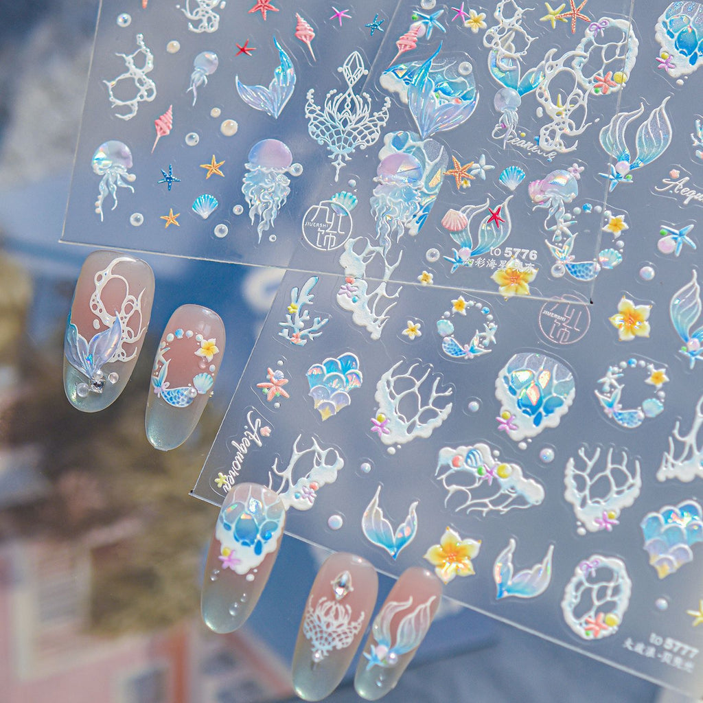 Mermaid Shell & Starfish Nail Stickers - Iridescent Ocean Decals