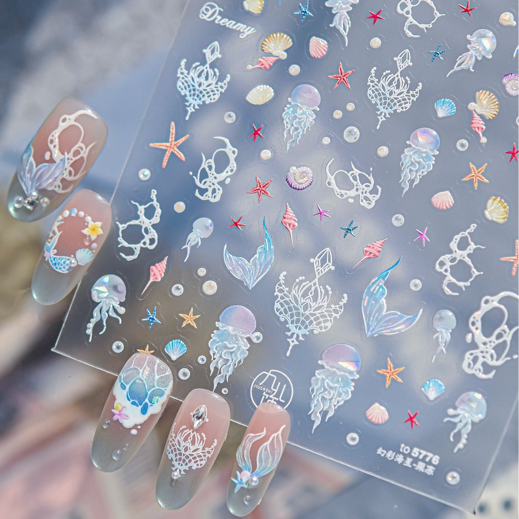 Mermaid Shell & Starfish Nail Stickers - Iridescent Ocean Decals