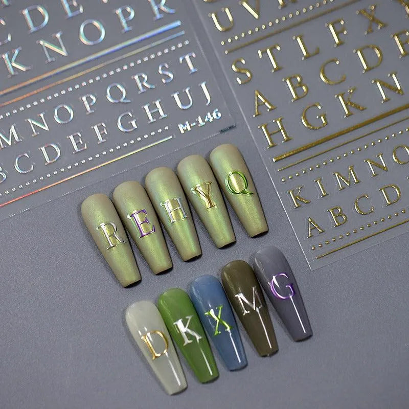 Metal Alphabet Nail Art Stickers Adhesive Sliders Silver Gold Initials Sticker Decals M146