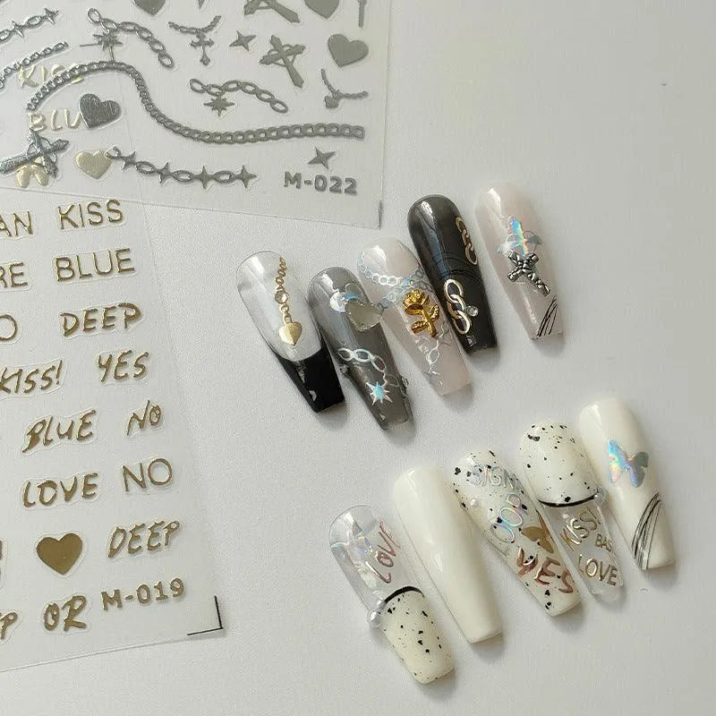 Metal Chain Nail Art Stickers Adhesive Slider Gold Silver Shackle Sticker Decals 